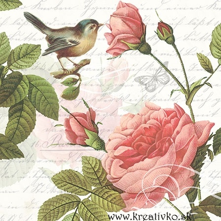 Servítka 33 x 33 cm - Ruže a vtáčik