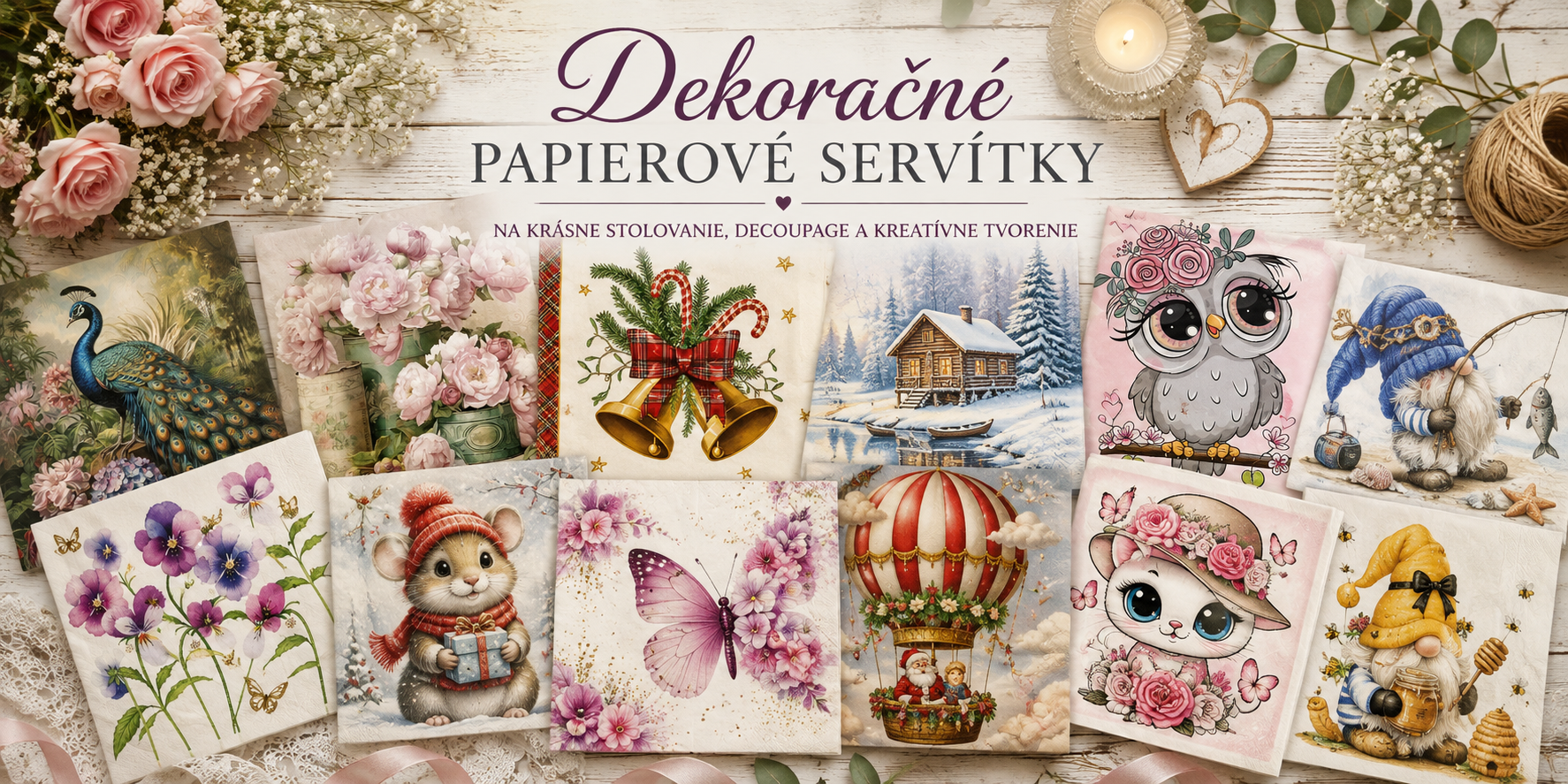 Dekoračné papierové servítky s rôznymi motívmi na stolovanie, decoupage a kreatívne tvorenie | Kreativko.sk