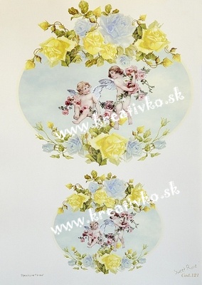 Decoupage papier 30 x 42 cm - Anjeli a žlto-modré ruže