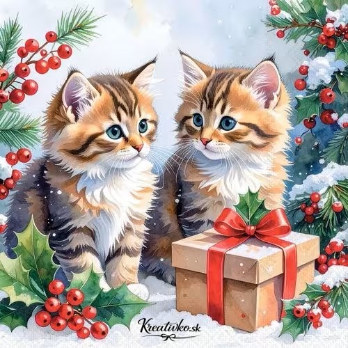 Servítka 33 x 33 cm - Vianočné mačiatka s darčekom