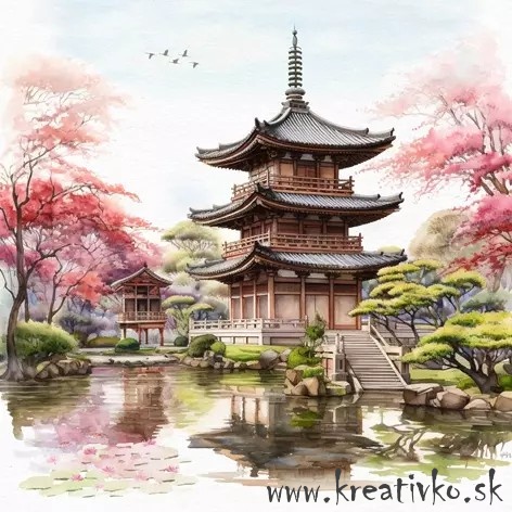 Servítka 33 x 33 cm - Japonský chrám pri jazierku