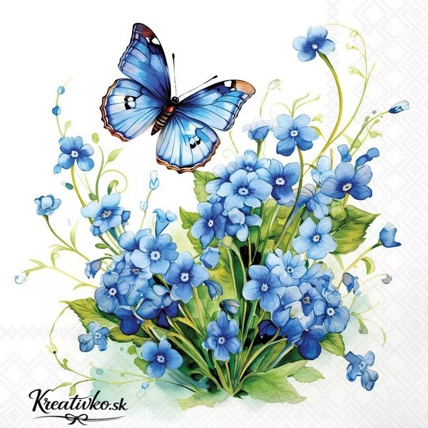 Servítka 33 x 33 cm - Modré nezábudky s motýľom