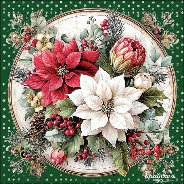 Servítka 33 x 33 cm - Vianočné kvety s bobuľami zelené