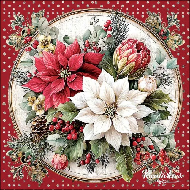 Servítka 33 x 33 cm - Vianočné kvety s bobuľami červené