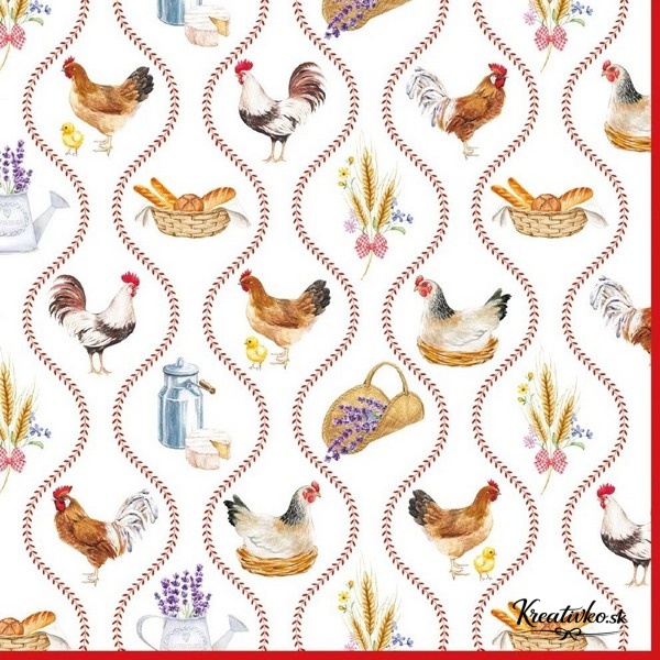 Servítka 33 x 33 cm - Sliepky a kohúty na dvore