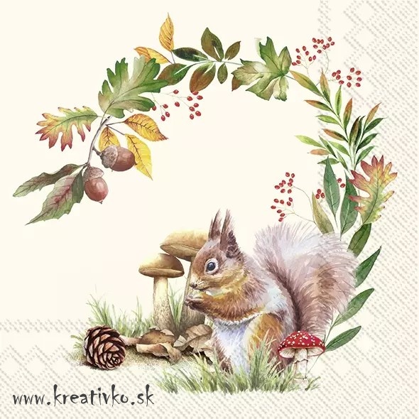 Servítka 33 x 33 cm - Veverička a hríbiky