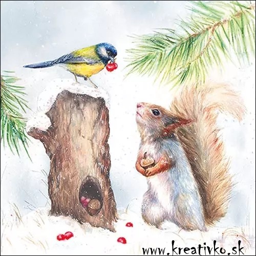 Servítka 33 x 33 cm - Veverička a vtáčik