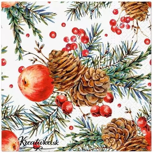 Servítka 33 x 33 cm - Vianočné vetvičky a jablko