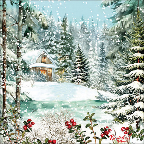 Servítka 33 x 33 - Chatka ukrytá v zimnom lese