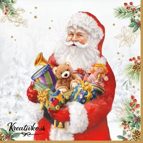 Servítka 33 x 33 cm - Santa s medvedíkom a hračkami