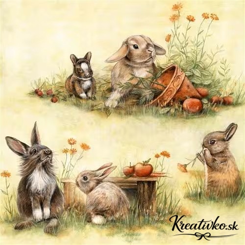 Servítka 33 x 33 cm - Zajačiky v jarnej záhrade