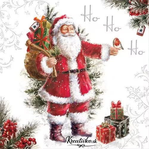 Servítka 33 x 33 cm - Santa Claus s vtáčikom a darčekmi