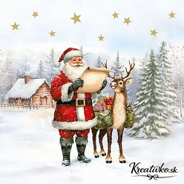 Servítka 33 x 33 cm - Santa Claus s jeleňom a darčekmi