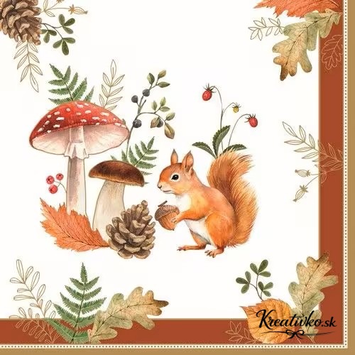 Servítka 33 x 33 cm - Veverička s hubami a šiškami