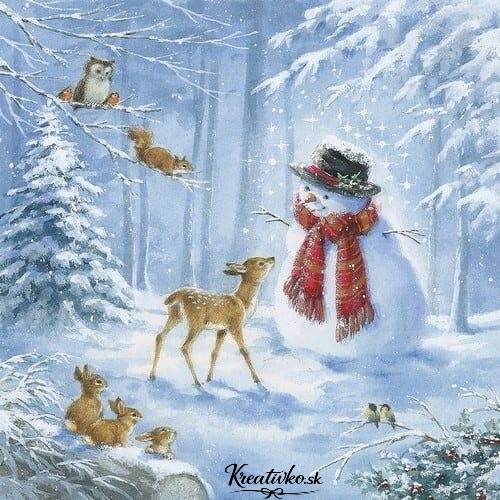 Servítka 33 x 33 cm - Snehuliak v zimnom lese