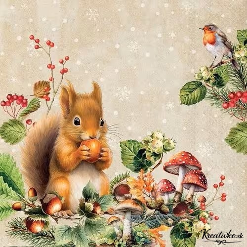 Servítka 33 x 33 cm - Veverička a hríby