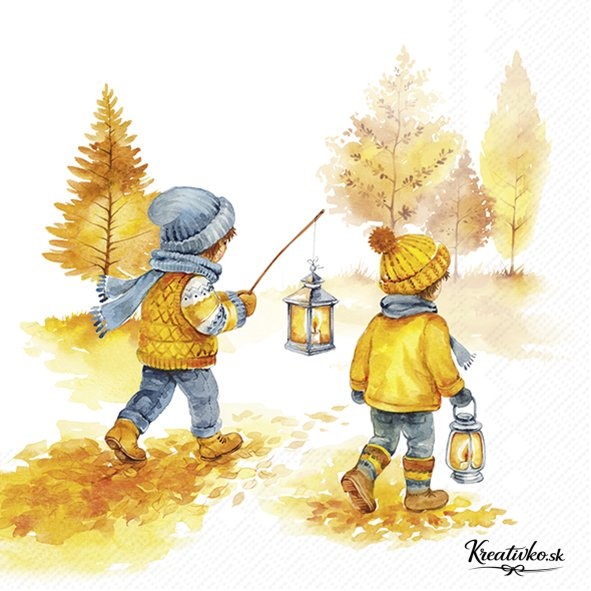 Servítka 33 x 33 cm - Deti s lampášmi v jesennom lese