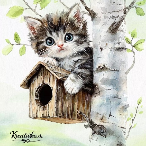 Servítka 33 x 33 cm - Mačiatko pri vtáčej búdke