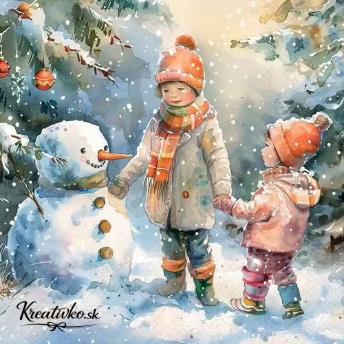 Servítka 33 x 33 cm - Deti a snehuliak v zimnej krajine