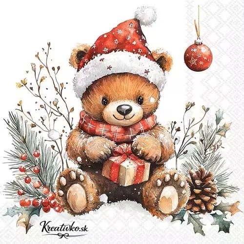 Servítka 33 x 33 cm - Vianočný medvedík s darčekom