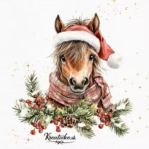 Servítka 33 x 33 cm - Vianočný koník s ihličím a bobuľami