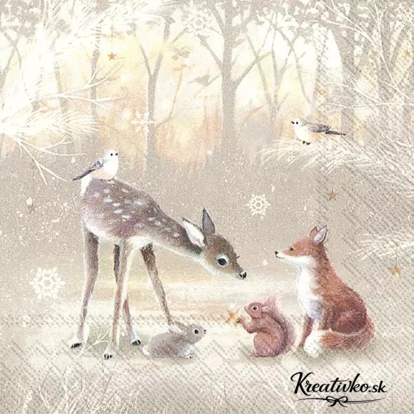 Servítka 33 x 33 cm - Lesné zvieratká v zimnom lese