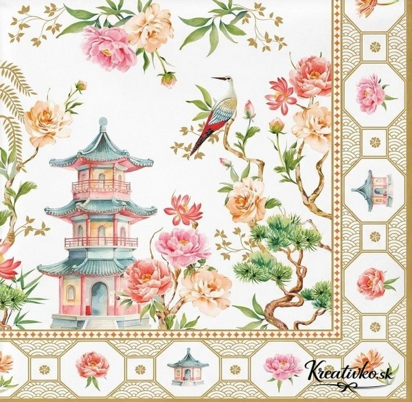 Servítka 33 x 33 cm - Japonská pagoda s kvetmi
