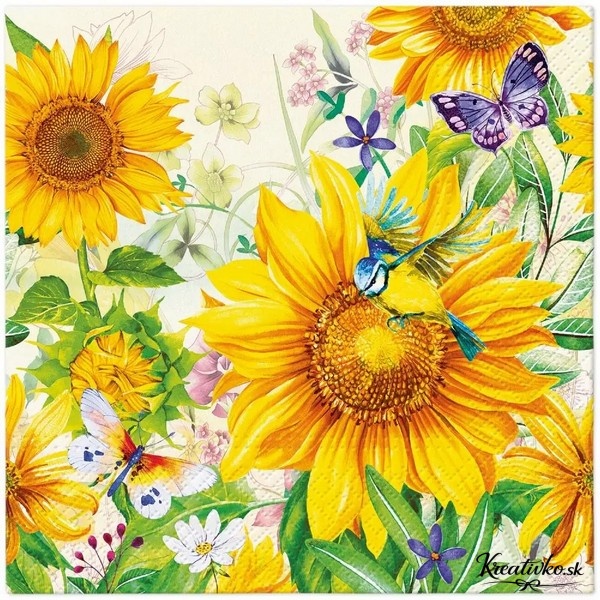Servítka 33 x 33 cm - Slnečnice s vtáčikom