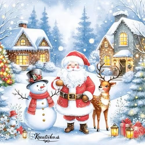 Servítka 33 x 33 cm - Santa so snehuliakom a sobom