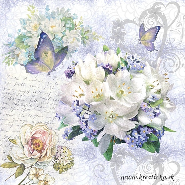 Servítka 33 x 33 cm - Biele kvety a motýle